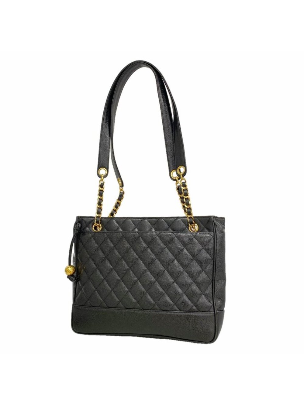 Chanel Shoulder Bag Quilted Caviar Leather Black Gold